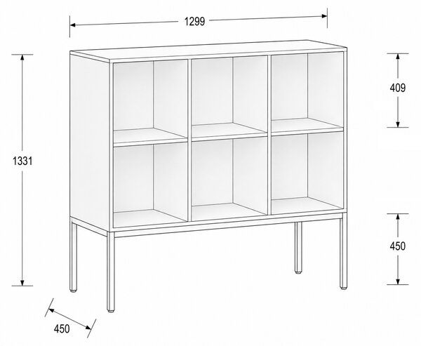 Regál FRAME, nízký, s černou podnoží, 1299 x 450 x 1331 mm, šedá