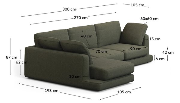 Kave Home Zelená rohová pohovka Gala 300 cm, levá