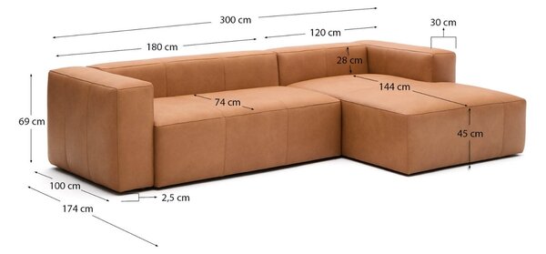 Kave Home Kožená rohová pohovka Blok 300 cm, pravá