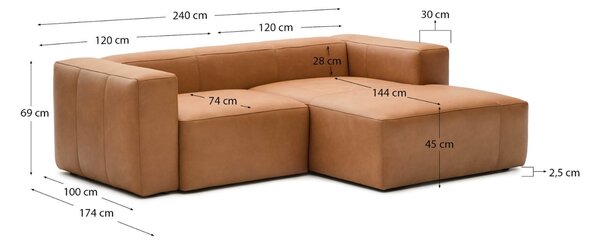 Kave Home Kožená rohová pohovka Blok 240 cm, pravá
