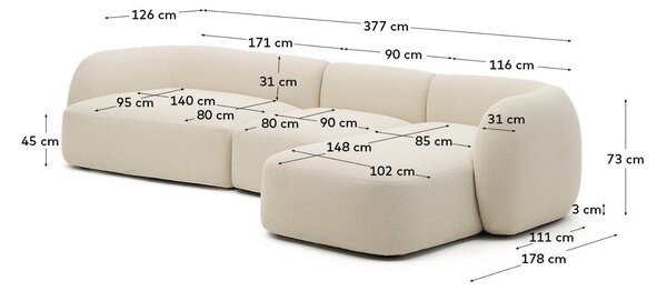 Kave Home Béžová rohová pohovka Martina 377 cm, pravá