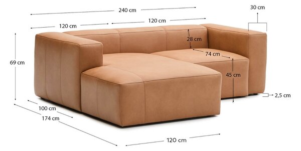 Kave Home Kožená rohová pohovka Blok 240 cm, levá