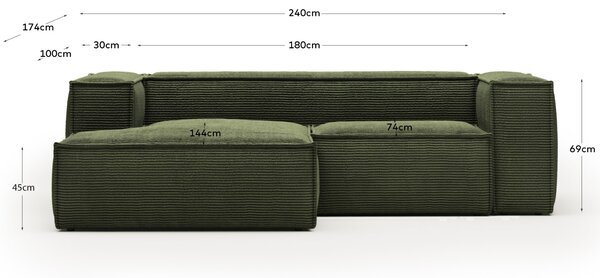 Kave Home Zelená manšestrová rohová pohovka Blok 240 cm, levá