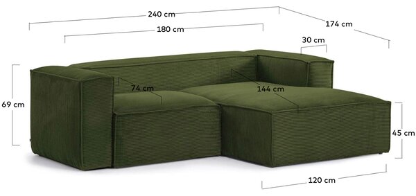 Kave Home Zelená manšestrová rohová pohovka Blok 240 cm, pravá