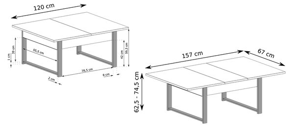 Rozkládací polohovací konferenční stolek HOGO 3v1 | 120-157x62,5-74,5x67 cm | síla horní desky 32 mm | dub bookmatch/černé nohy