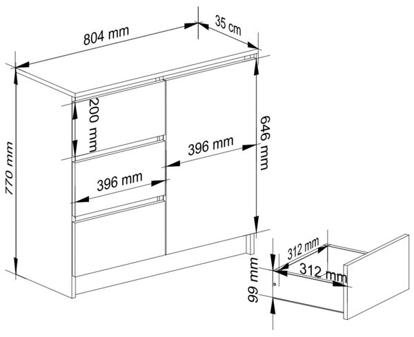 Ak furniture Komoda JERRY K 80 cm 1 dveře 3 zásuvky dub sonoma/bílá