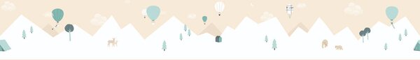 Krémová dětská samolepící bordura, hory, balony 7501-2, Noa, ICH Wallcovering