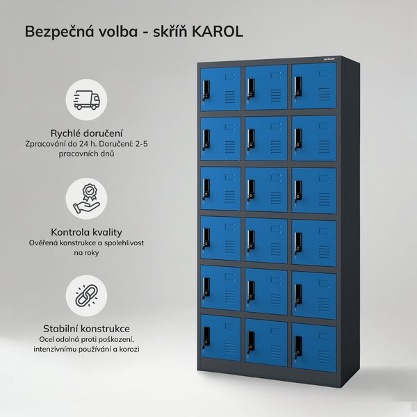 Zaměstnanecká skříňka s přihrádkami antracitově-modrá: KAROL, 900 x 1850 x 400 mm