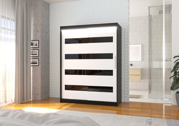Šatní skříň s LED osvětlením 150 cm DAKTIS - černá / bílá / černá