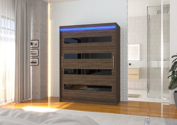 Šatní skříň s LED osvětlením 150 cm DAKTIS - tmavě hnědá / černá