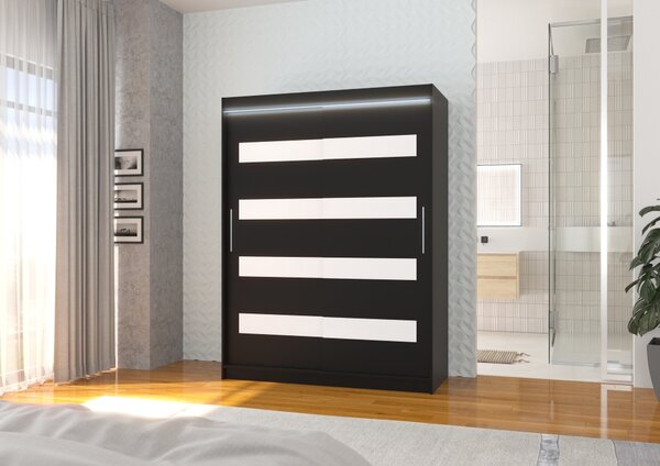 Šatní skříň s LED osvětlením 150 cm DAKTIS - černá / bílá