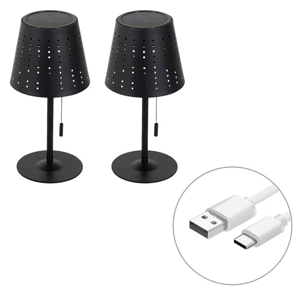 Sada 2 stolních lamp černých včetně LED 3-krokového stmívače dobíjecího a solárního - Ferre