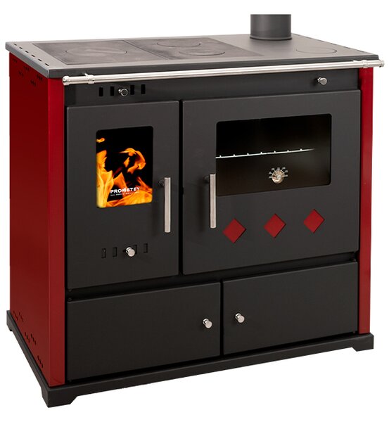 Sporák na dřevo Praktik Lux Eco s litinovou varnou deskou a troubou - jmenovitý výkon 9,5 kW - ervené boní panely - energetická tída A+