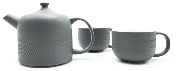 Porcelánová čajová souprava Agatha‘s Bester Hygge, matně šedá, konvice 0,9 l a 2 šálky, s nerezovým sítkem