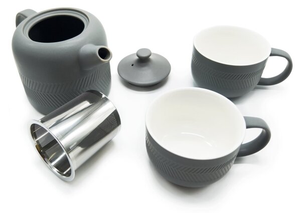 Porcelánová čajová souprava Agatha‘s Bester Hygge, matně šedá, konvice 0,9 l a 2 šálky, s nerezovým sítkem