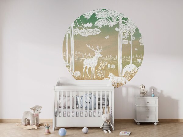 FUGU Designový kruh Lesní zvířata zelená obloha – Monochrome Forest Green Sky Rozměr: kruh 40 cm