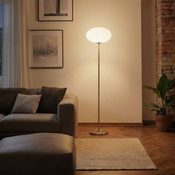 Lindby Stojací lampa Sonika, 175 cm, barva niklu, sklo, E27, Hliník / šedá / zinek, Obývací pokoj / jídelna, kov