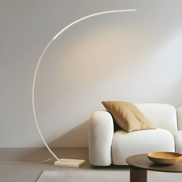 Lindby oblouková lampa LED Kendra, bílá, hliník, výška 180 cm, stmívatelný, Bílá / opál, Obývací pokoj / jídelna, kov, Moderní