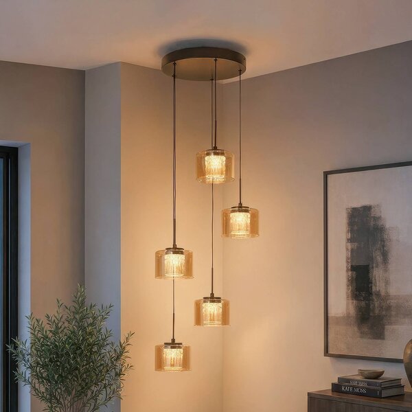 Searchlight LED závěsné světlo Tumblers, 5žárovkové, kulaté, bronzové, sklo, 3 000 K, stmívatelný, Krémová / jantar, Obývací pokoj / jídelna, Hliník