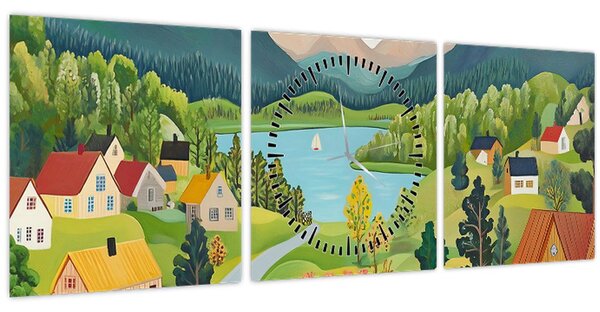 Obraz - Vesnice v horách (s hodinami) (90x30 cm)