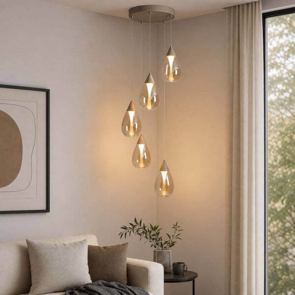 Searchlight LED závěsné světlo Pear, 5žárovková, kulatá, béžová, sklo jantarové, 3 000 K, stmívatelný, Krémová / jantar, Obývací pokoj / jídelna, kov, Moderní