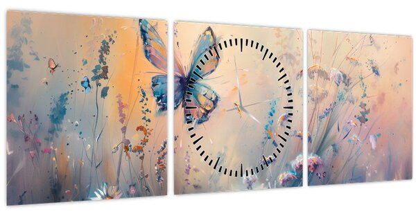 Obraz - Louka s motýlem II. (s hodinami) (90x30 cm)