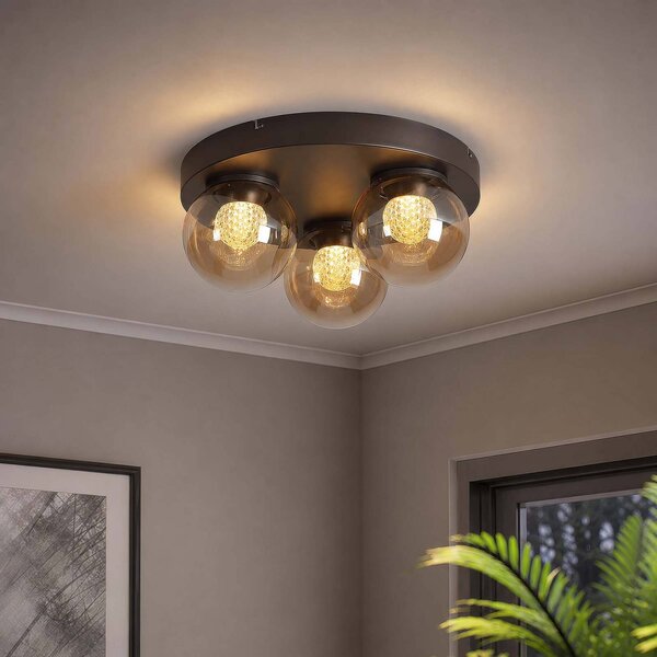 Searchlight LED stropní svítidlo Solis, 3 žárovky, kulaté, bronzové, sklo, 2 700 K, stmívatelný, Krémová / jantar, Obývací pokoj / jídelna, kov, Koule