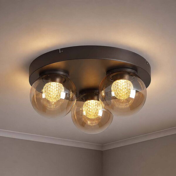 Searchlight LED stropní svítidlo Solis, 3 žárovky, kulaté, bronzové, sklo, 2 700 K, stmívatelný, Krémová / jantar, Obývací pokoj / jídelna, kov, Koule