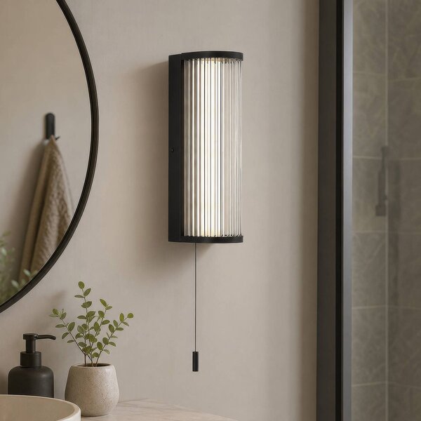 Searchlight LED nástěnné světlo Rue, černé, IP44, kov, sklo, 3 000 K, stmívatelný, Černá, Koupelna, kov