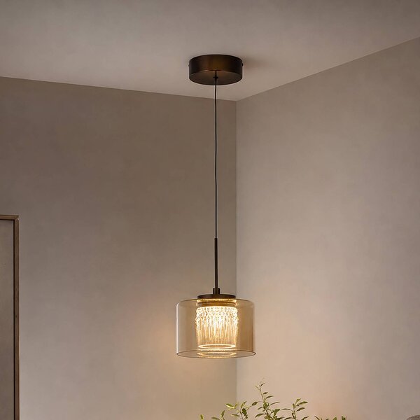 Searchlight LED závěsné světlo Tumblers, 1žárovkové, bronzové, sklo, 3 000 K, stmívatelný, Krémová / jantar, Obývací pokoj / jídelna, Hliník