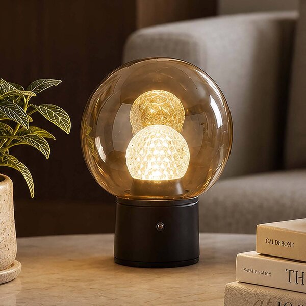 Searchlight LED stolní lampa Solis na akumulátor, bronzová, sklo, 2 700 K, stmívatelný, Krémová / jantar, Obývací pokoj / jídelna, kov, Koule