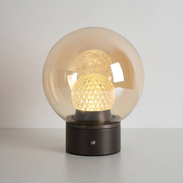 Searchlight LED stolní lampa Solis na akumulátor, bronzová, sklo, 2 700 K, stmívatelný, Krémová / jantar, Obývací pokoj / jídelna, kov, Koule