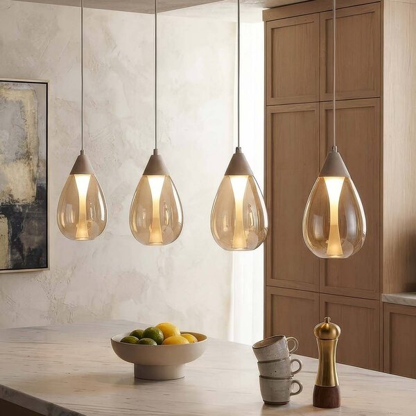 Searchlight LED závěsné světlo Pear, 4 žárovky, dlouhé, béžové, sklo jantarové, 3 000 K, stmívatelný, Krémová / jantar, Obývací pokoj / jídelna, kov, Moderní