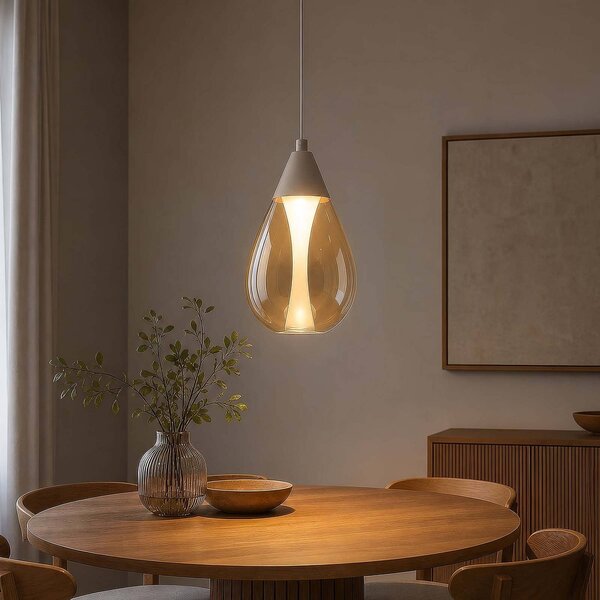 Searchlight LED závěsné světlo Pear, 1 žárovka, béžové, sklo jantarové, 3 000 K, stmívatelný, Krémová / jantar, Obývací pokoj / jídelna, kov, Moderní