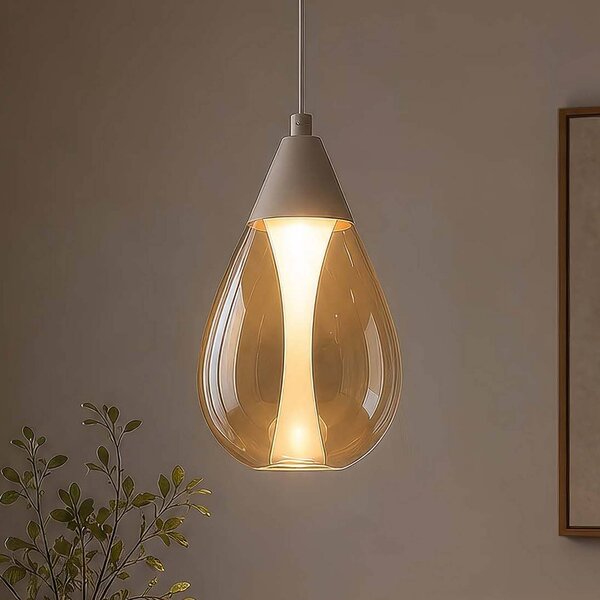 Searchlight LED závěsné světlo Pear, 1 žárovka, béžové, sklo jantarové, 3 000 K, stmívatelný, Krémová / jantar, Obývací pokoj / jídelna, kov, Moderní