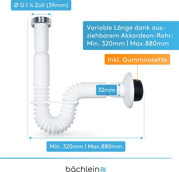 Ohebná odtoková hadice Bächlein pro umyvadlo - G 1 1/4" x 32 mm, s možností prodloužení od 320-800 mm, individuálně nastavitelný sifon