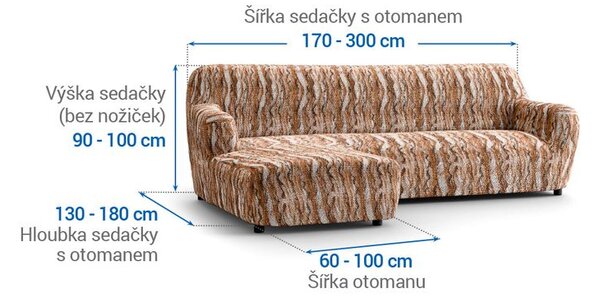Bielastické potahy OCEANO NOVÉ cihlové sedačka s otomanem vlevo (š. 170 - 300 cm)