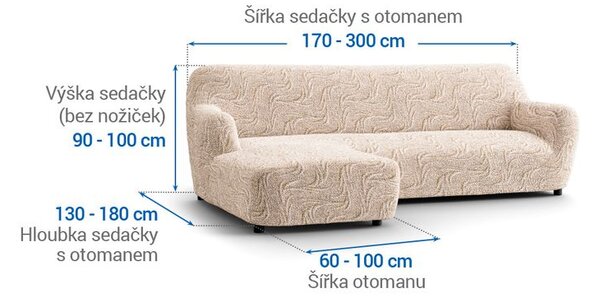 Bielastické potahy BRILLANTE béžové sedačka s otomanem vlevo (š. 170 - 300 cm)