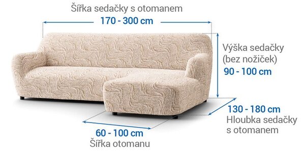 Bielastické potahy BRILLANTE béžové sedačka s otomanem vpravo (š. 170 - 300 cm)