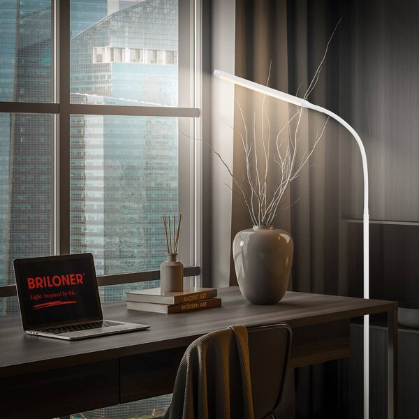 Briloner LED stojací lampa Mura, bílá, výška 170 cm, kov, dotykový stmívač, stmívatelný, Bílá / opál, Obývací pokoj / jídelna, Plast, Moderní