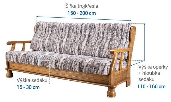 Bielastické potahy OCEANO NOVÉ šedo-modré trojkřeslo s dřevěnými rukojeťmi (š. 150 - 200 cm)