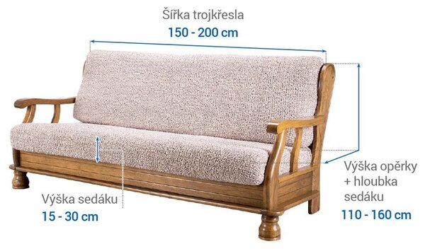 Bielastické potahy GRAFITI NOVÉ béžové trojkřeslo s dřevěnými rukojeťmi (š. 150 - 200 cm)