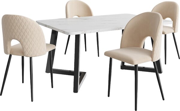 Jídelní set Sweiko,(Set, 117×68cm jídelní stůl se 4 židlemi), Obdélníkový jídelní stůl Moderní kuchyňský set, Sametová jídelní židle s diamantovým vzorem, Nastavitelné nohy židlí, Béžový samet, Černé nohy stolu