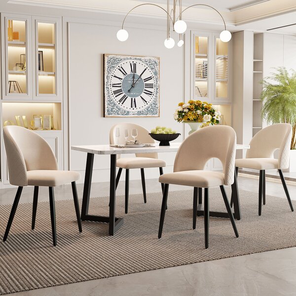 Jídelní set Sweiko,(Set, 117×68cm jídelní stůl se 4 židlemi), Obdélníkový jídelní stůl Moderní kuchyňský set, Sametová jídelní židle s diamantovým vzorem, Nastavitelné nohy židlí, Béžový samet, Černé nohy stolu
