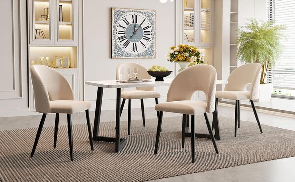 Jídelní set Sweiko,(Set, 117×68cm jídelní stůl se 4 židlemi), Obdélníkový jídelní stůl Moderní kuchyňský set, Sametová jídelní židle s diamantovým vzorem, Nastavitelné nohy židlí, Béžový samet, Černé nohy stolu
