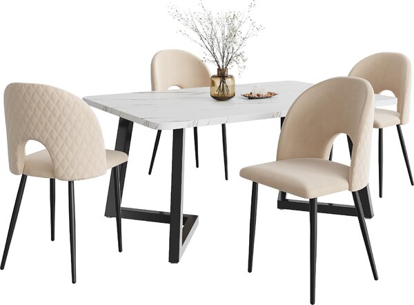 Jídelní set Sweiko,(Set, 117×68cm jídelní stůl se 4 židlemi), Obdélníkový jídelní stůl Moderní kuchyňský set, Sametová jídelní židle s diamantovým vzorem, Nastavitelné nohy židlí, Béžový samet, Černé nohy stolu