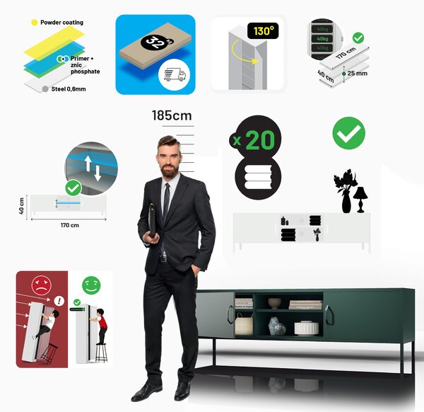 TV stolek XL ROSARIA 1700 x 400 x 500, lahvově zelený