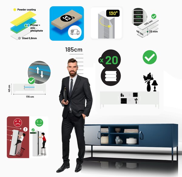 TV stolek XL ROSARIA 1700 x 400 x 500, tmavě modry