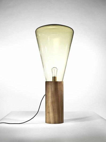 Designová lampa Brokis Muffins Wood 04 PC853 Barva skla: Triplex opál, Barva el. vedení: Textilní kabel - žlutý, Dřevo: dub evropský - černě mořený (CCS592)