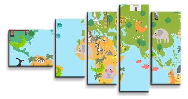 Sablio Obraz - 5-dílný Zvířecí mapa světa - 100x60 cm